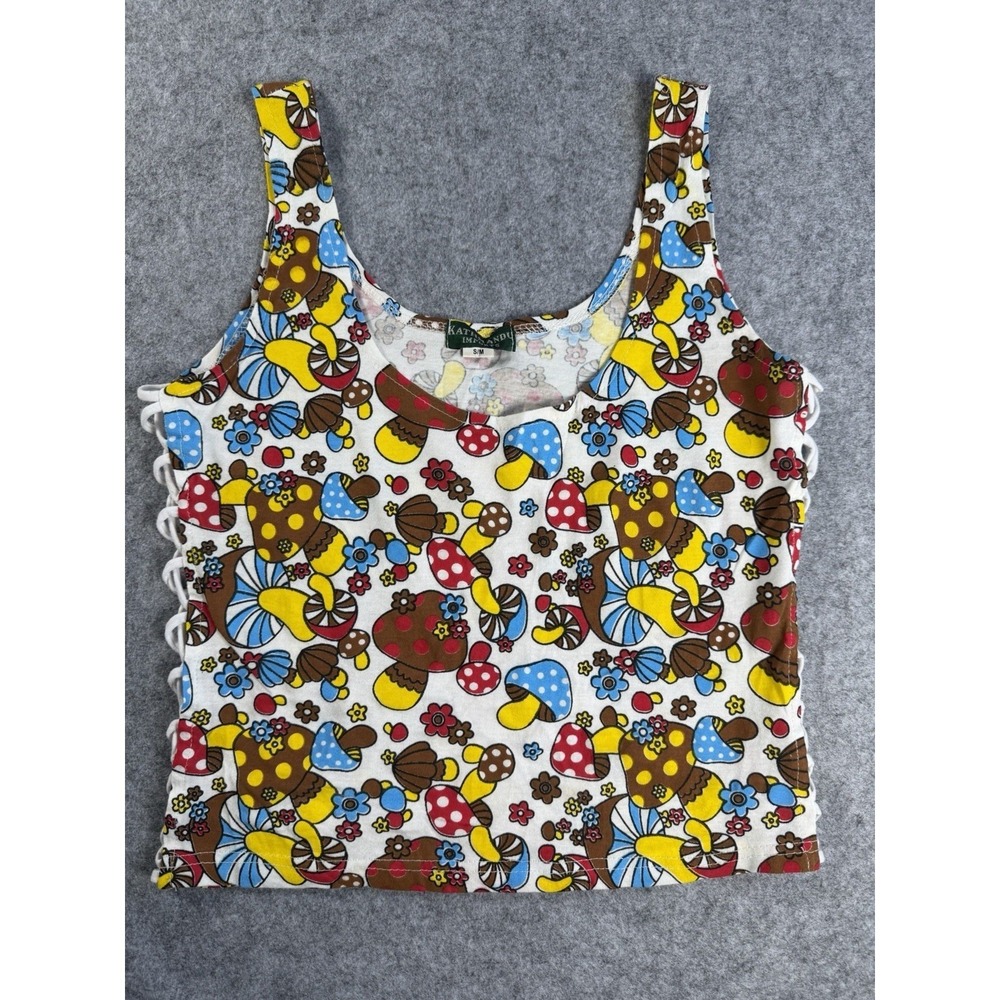 Kathmandu Imports Womens Tank Top S M Multicolor Mushroom Print Laced Sides Boho